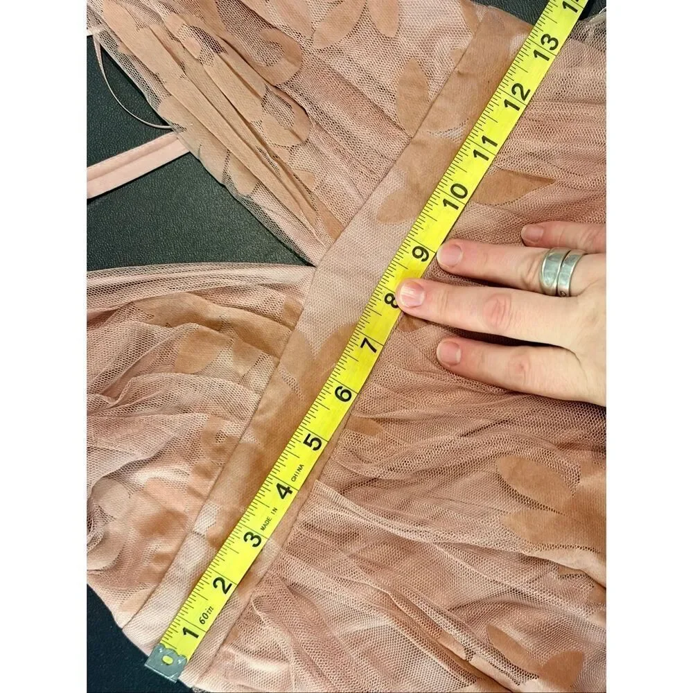 LUXXEL •  Blush Pink Velvet Floral and Tulle Deep V Plunge Back Spaghetti Cross